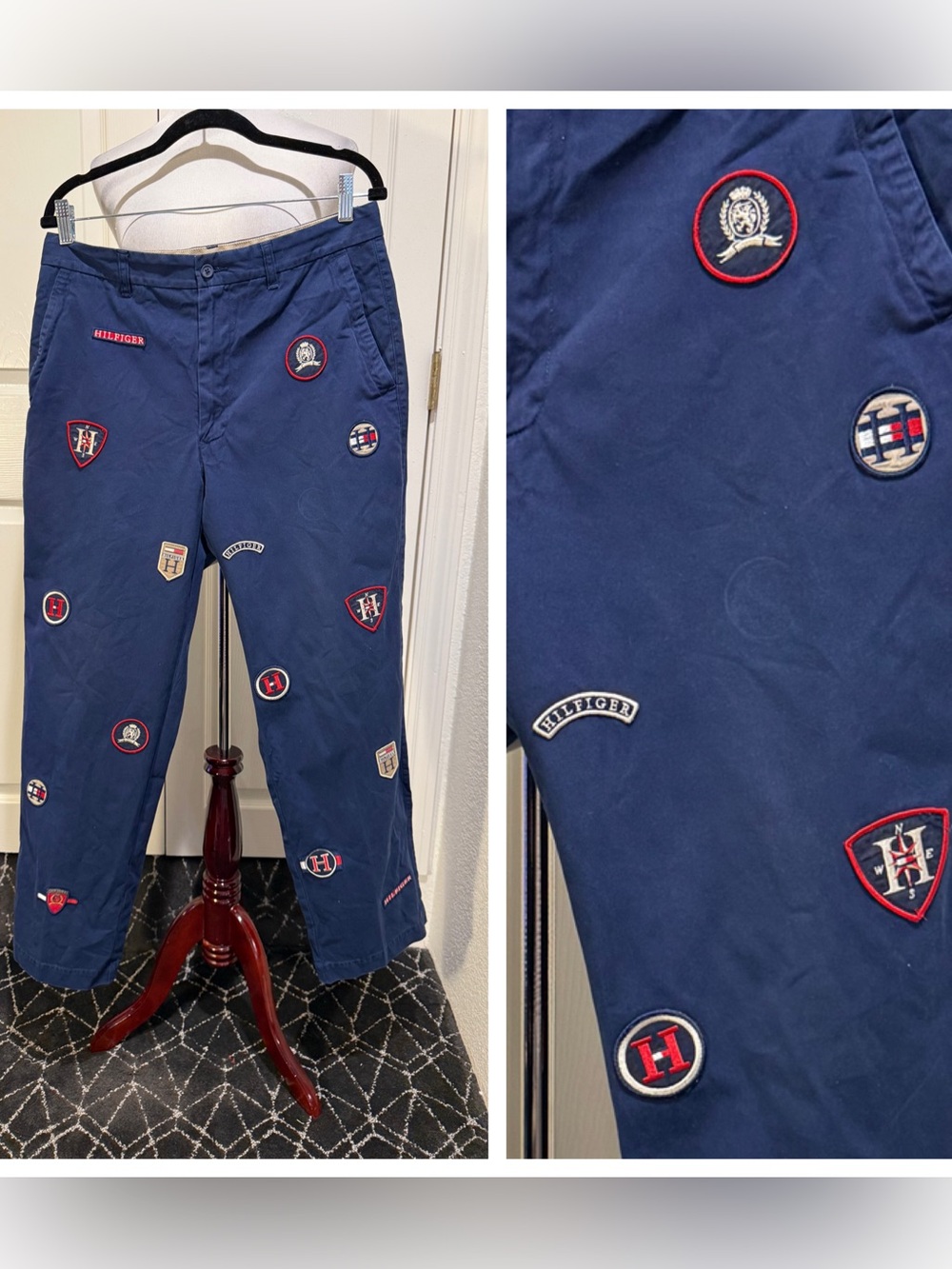 Vintage 2001 Tommy Hilfiger Multi Patch Crest Chino Pants Navy Blue Y2K